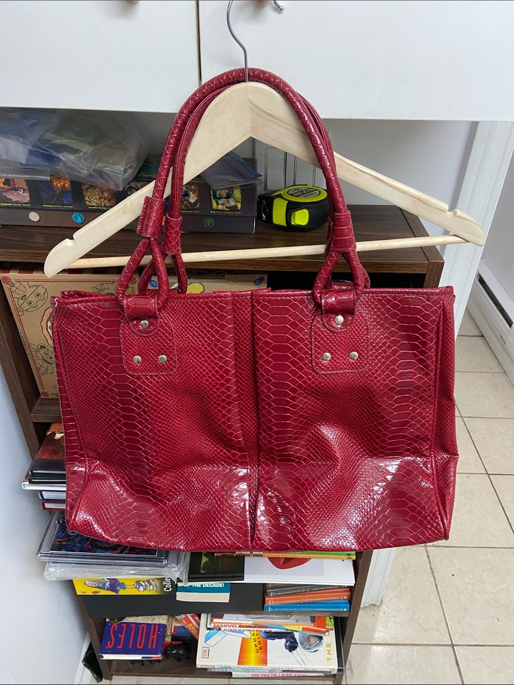 Vintage Elizabeth Arden Red Embossed Faux-Snakeskin Tote